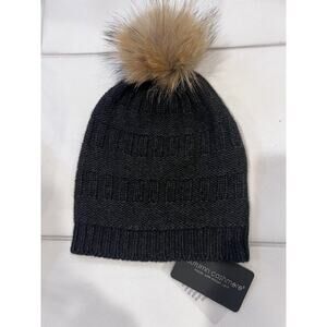 Autumn Cashmere Textured Hat with Raccoon Pom Pom Gray Cashmere Blend